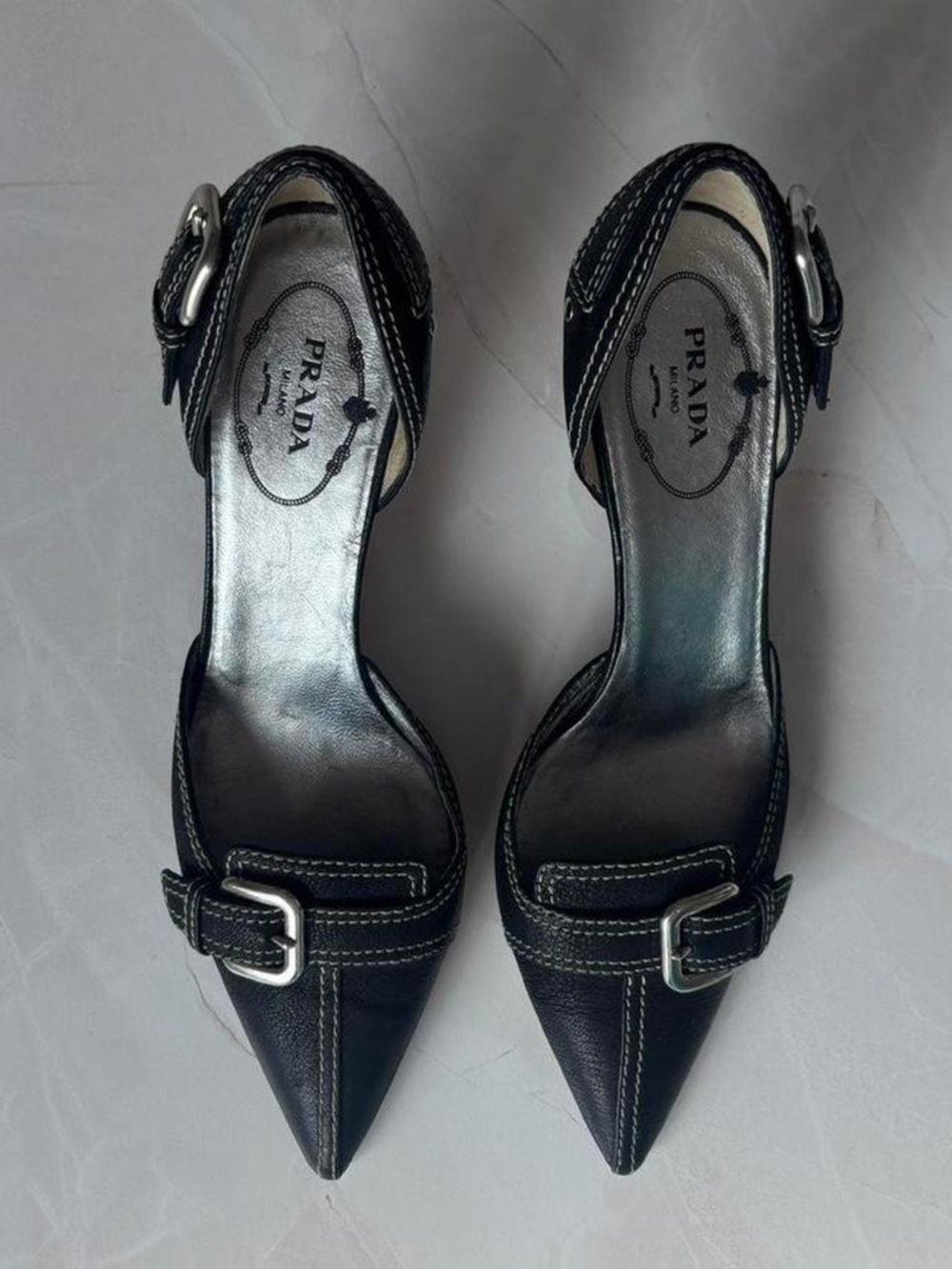 vintage Y2K Prada black leather silver buckle pointed toe kitten heel - Picture 1 of 7